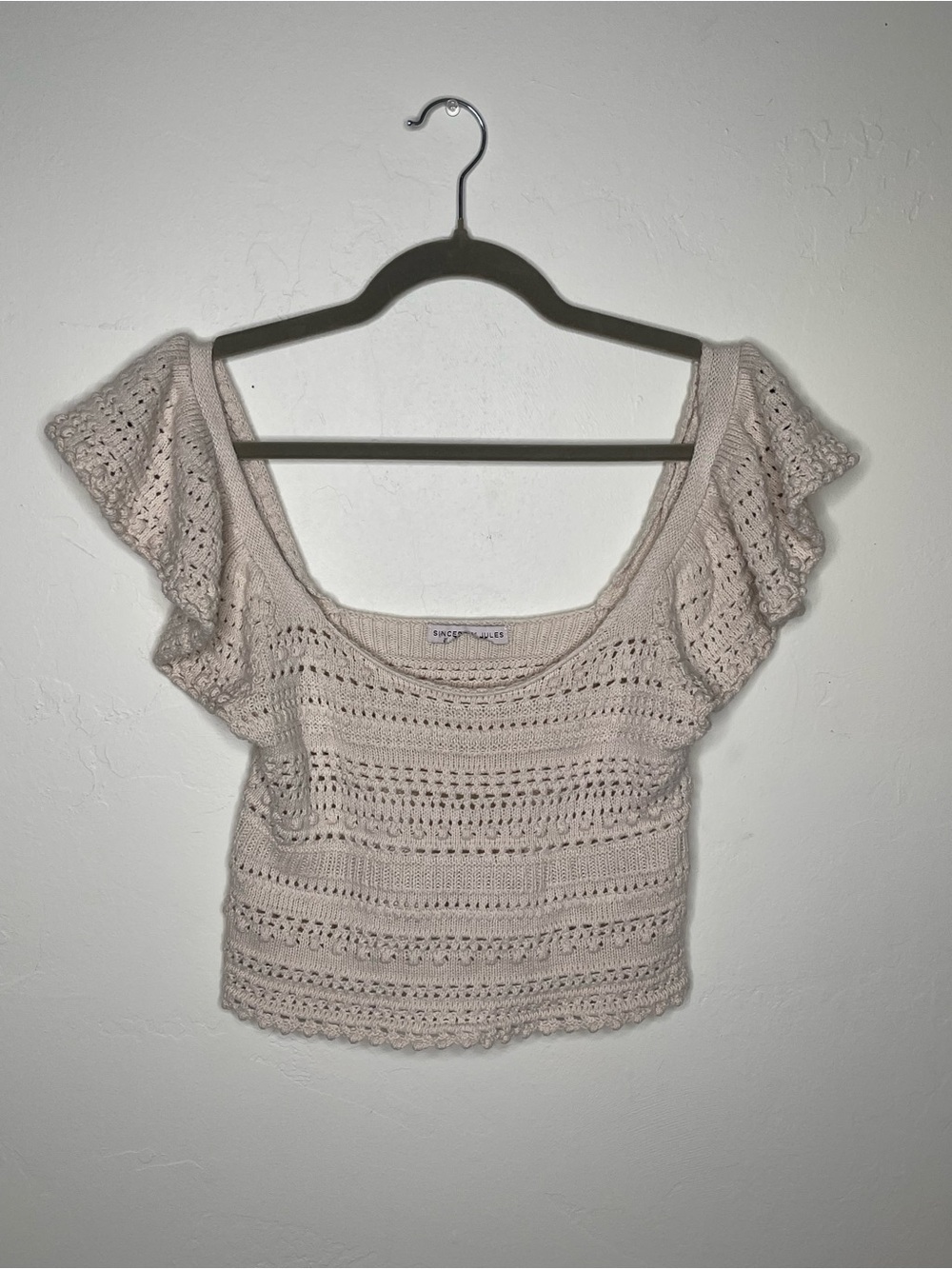 Sincerely Jules Cream Open Knit Ruffle Sleeve Crop Top